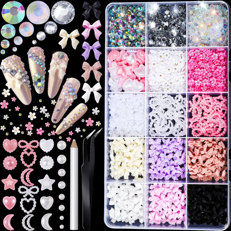 Nail Art Kit – Rhinestones, Bow Charms, Pearls & Flower Gems Set